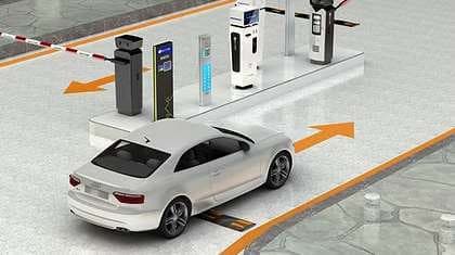 Car park entry point: barrier gate, ANPR camera and payment terminal